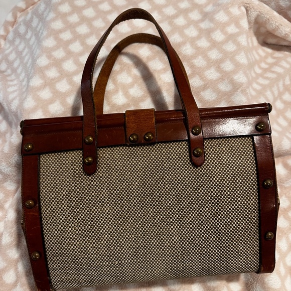 John Romain Vintage Tweed/Leather Satchel Bag - Picture 3 of 11